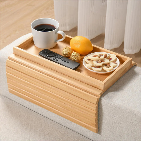 Bamboo Couch Arm Tray with Cup Holder – Snack & Drink Table